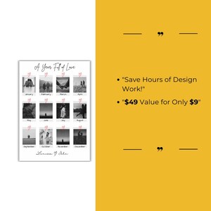 Pode incluir: Um calend&aacute;rio imprim&iacute;vel com uma colagem de fotos em preto e branco de um casal para cada m&ecirc;s. O calend&aacute;rio &eacute; intitulado "A Year Full of Love" e tem os nomes "Lerissa & John" na parte inferior.