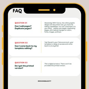 K&ouml;nnte beinhalten: Ein Handy-Bildschirm zeigt einen Abschnitt mit h&auml;ufig gestellten Fragen (FAQ) mit drei Fragen und Antworten zu Canva, einem Online-Tool f&uuml;r Grafikdesign und Dokumentenerstellung. Die Fragen lauten: Kann ich Seiten hinzuf&uuml;gen? Seiten duplizieren?, Kann ich zu meinem Template/Editing zur&uuml;ckkehren?, und Bekomme ich die gedruckte Version? Die Antworten lauten: Absolut! Mit Canva, dem Online-Tool f&uuml;r Grafikdesign und Dokumentenerstellung, haben Sie alle Bearbeitungsfunktionen. Sie k&ouml;nnen es nach Ihren W&uuml;nschen anpassen - neue Seiten hinzuf&uuml;gen, Seiten duplizieren und &Auml;nderungen an Farben, Schriftarten, Bildern und Text vornehmen., Ja! Gespeichert in Ihrem Canva-Konto, ist Ihr Template bereit f&uuml;r den Zugriff und Sie k&ouml;nnen jederzeit zur&uuml;ckkehren!, und Dies ist ein digitales Produkt. Die gedruckte Version wird nicht bereitgestellt.