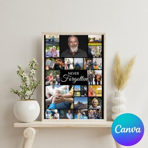 May include: A framed photo collage with a black background and a wooden frame. The collage features multiple photos of people and the words "Never Forgotten" in cursive. A white vase with flowers is on a shelf.