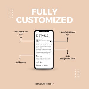 May include: A smartphone displays a "DETAILS" page with restaurant and activity listings. The image highlights customization options: edit font, add pages, edit text, and background color. Text reads "FULLY CUSTOMIZED" and "with love".