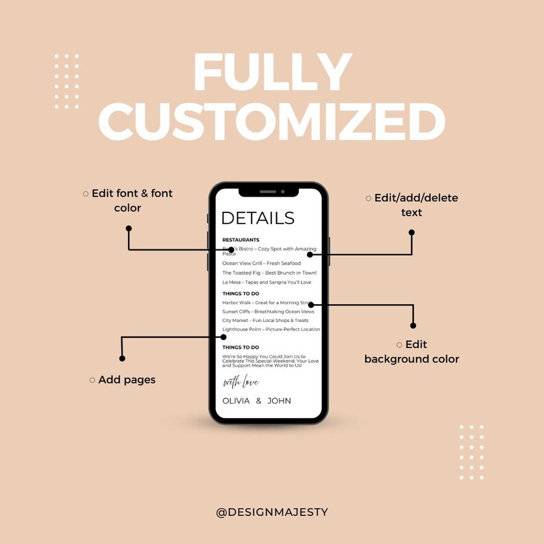 May include: A smartphone displays a "DETAILS" page with restaurant and activity listings. The image highlights customization options: edit font, add pages, edit text, and background color. Text reads "FULLY CUSTOMIZED" and "with love".
