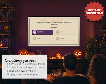 Gra o Halloween, quiz o strasznych imprezach w stylu retro dla dorosłych i nastolatków, quiz o horrorach, edytowalne slajdy Canva TV i arkusze do druku
