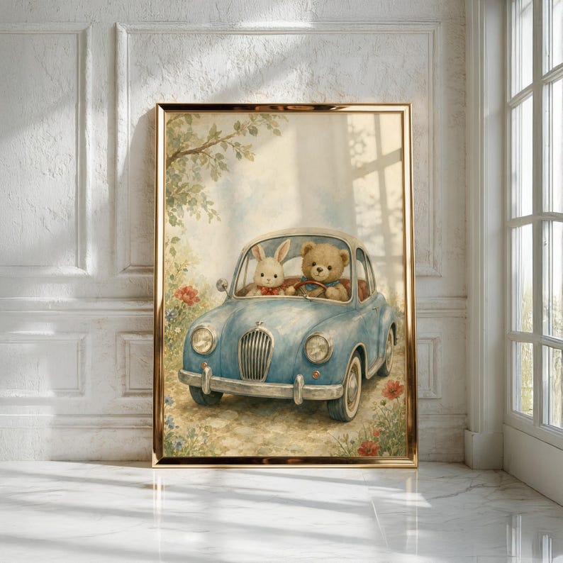 Vintage Car Nursery Wall Art, Printable Kids Room Decor, Baby Shower Gift Ideas image 3