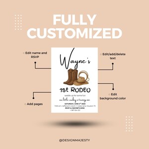 May include: A customizable invitation with a rodeo theme. The design features cowboy boots, a hat, and a rope. The text reads "Wayne's 1st Rodeo" with details for the event. The background is a light peach color.