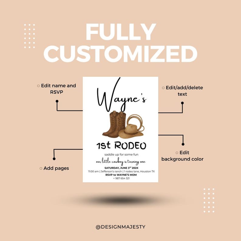 May include: A customizable invitation with a rodeo theme. The design features cowboy boots, a hat, and a rope. The text reads "Wayne's 1st Rodeo" with details for the event. The background is a light peach color.