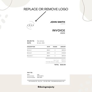 May include: Black and white invoice with the text "REPLACE OR REMOVE LOGO" at the top. The invoice is for John Smith, Lawyer, and is numbered #023. The invoice is for Alex Johnson, dated June 2, 2024. The invoice lists services and their costs, with a total of $315.00. The invoice also includes payment information for UBS, John Smith, and account number 0000 0000.