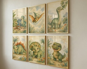 Set of 6 Dinosaur Wall Art, Nursery Prints for Playroom, Baby Shower Gift