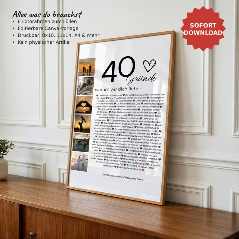 Personalisiertes Geschenk zum 40. Geburtstag – Fotocollage, 40 Gründe warum wir dich lieben, Canva Vorlage image 1