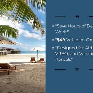 May include: A beach scene with deckchairs and parasols. Text on the right side of the image reads: "Save Hours of Design Work!"  "&pound;49 Value for Only &pound;9"  "Designed for Airbnb, VRBO, and Vacation Rentals"