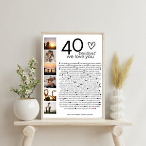 May include: A black and white photo collage with 40 reasons why someone is loved. The collage is framed and has a white background. The text reads "40 reasons we love you".