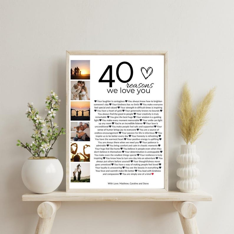 May include: A black and white photo collage with 40 reasons why someone is loved. The collage is framed and has a white background. The text reads "40 reasons we love you".