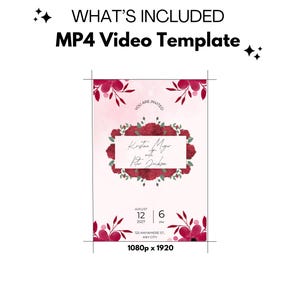 Pu&ograve; includere: Un modello di invito di nozze rosa e bianco con un design floreale con rose rosse e foglie verdi. Il testo dell'invito recita "Siete invitati" e include i nomi "Kristen Meyer" e "Peter Jackson", la data "12 agosto 2027", l'ora "18:00", l'indirizzo "123 Anywhere St., Any City" e la risoluzione "1080p x 1920".