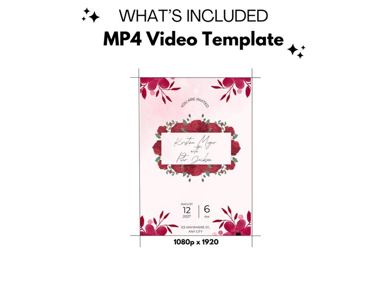Pu&ograve; includere: Un modello di invito di nozze rosa e bianco con un design floreale con rose rosse e foglie verdi. Il testo dell'invito recita "Siete invitati" e include i nomi "Kristen Meyer" e "Peter Jackson", la data "12 agosto 2027", l'ora "18:00", l'indirizzo "123 Anywhere St., Any City" e la risoluzione "1080p x 1920".