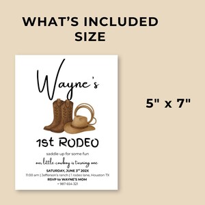 May include: A white invitation card with the text "Wayne's 1st Rodeo" and the size "5" x 7". The card features illustrations of cowboy boots, a hat, and a lasso. The text includes event details and RSVP information.