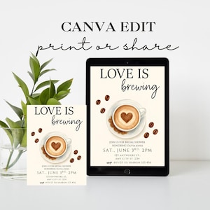 Pu&ograve; includere: Un invito stampabile per un addio al nubilato con un design a tazza di caff&egrave;. L'invito dice "Love is brewing" e include la data, l'ora e il luogo dell'evento.