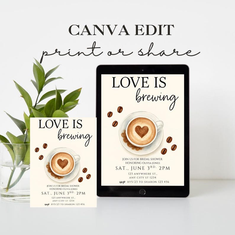 Pu&ograve; includere: Un invito stampabile per un addio al nubilato con un design a tazza di caff&egrave;. L'invito dice "Love is brewing" e include la data, l'ora e il luogo dell'evento.