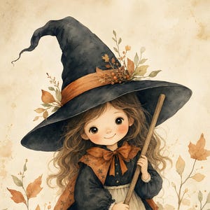 Puede incluir: Una ilustraci&oacute;n en acuarela de un ni&ntilde;o con un sombrero de bruja puntiagudo de color azul oscuro adornado con hojas de oto&ntilde;o y bayas. El ni&ntilde;o tiene el pelo largo, ondulado y casta&ntilde;o, un vestido azul oscuro con un lazo color &oacute;xido y sostiene una escoba.