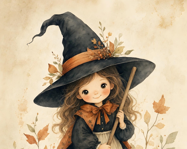 Puede incluir: Una ilustraci&oacute;n en acuarela de un ni&ntilde;o con un sombrero de bruja puntiagudo de color azul oscuro adornado con hojas de oto&ntilde;o y bayas. El ni&ntilde;o tiene el pelo largo, ondulado y casta&ntilde;o, un vestido azul oscuro con un lazo color &oacute;xido y sostiene una escoba.