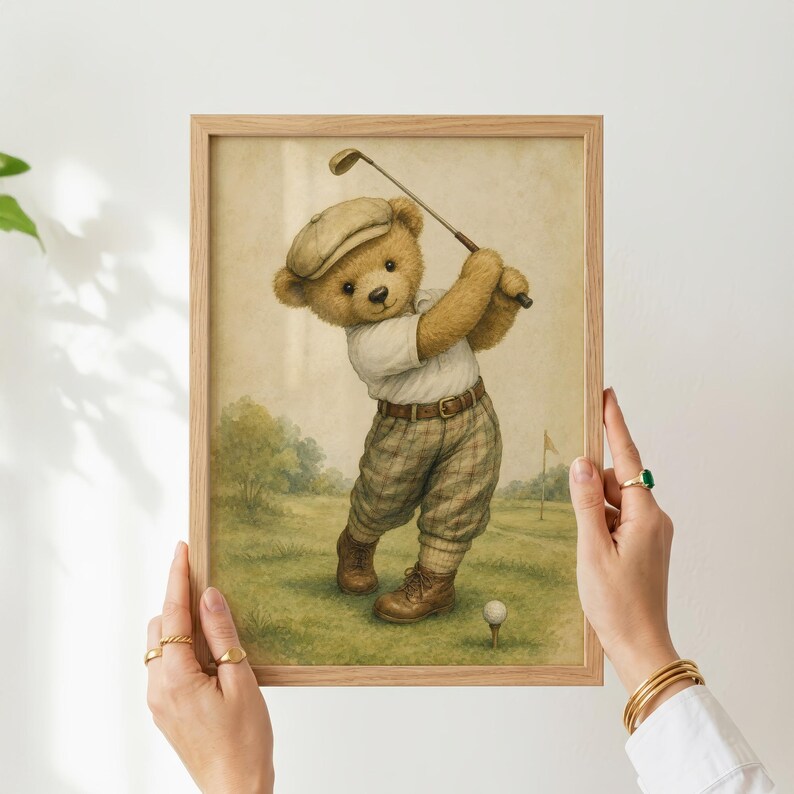 Lámina infantil Vintage Golf Bear, decoración única para habitación de niño, regalo para baby shower, descarga digital. imagen 6