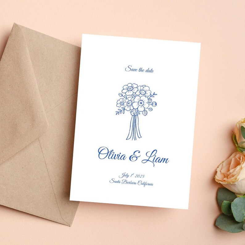Puede incluir: Tarjeta de guardar la fecha con una ilustraci&oacute;n floral azul y el texto "Olivia & Liam" con la fecha "1 de julio de 2025" y la ubicaci&oacute;n "Santa Barbara, California".