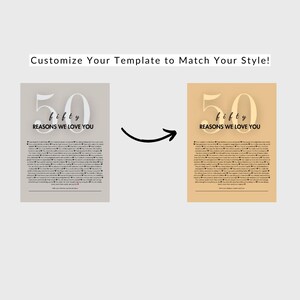 May include: Two framed prints side-by-side, one gray and one tan, each with the text "fifty reasons we love you." The word "fifty" is in large numbers, with the word "fifty" below it in script. The prints are connected by a black arrow.