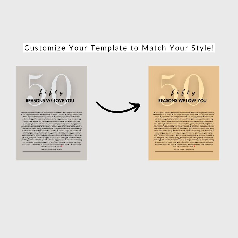 May include: Two framed prints side-by-side, one gray and one tan, each with the text "fifty reasons we love you." The word "fifty" is in large numbers, with the word "fifty" below it in script. The prints are connected by a black arrow.