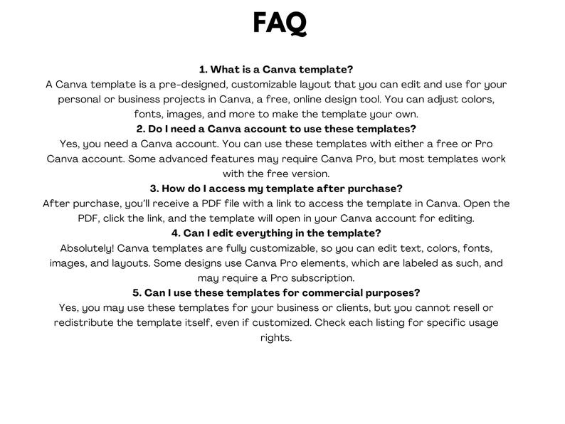 May include: A white background with black text answering frequently asked questions about Canva templates. The text includes questions like "What is a Canva template?" and "Can I edit everything in the template?"