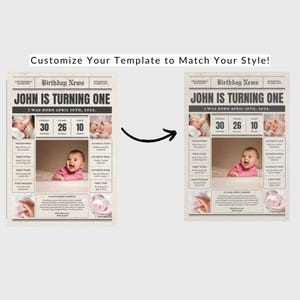 May include: A customizable newspaper-style birthday announcement template for a one-year-old. The template features a photo of a baby, a headline that says "John is turning one", and space to fill in details like weight, length, and favorite toys. The template is designed to look like a vintage newspaper.