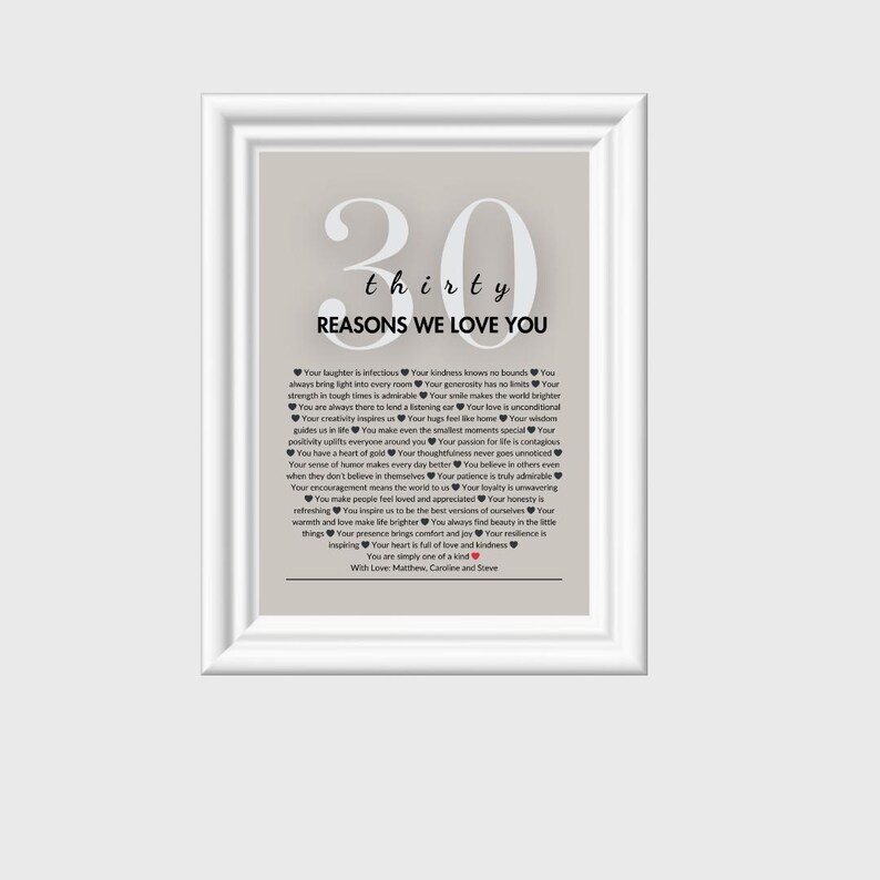 K&ouml;nnte beinhalten: Ein druckbarer Poster mit 30 Gr&uuml;nden, warum wir dich lieben, mit grauem Hintergrund und schwarzem Text. Das Poster zeigt eine gro&szlig;e Zahl 30 mit dem Wort "drei&szlig;ig" darunter. Der Text enth&auml;lt eine Liste von Gr&uuml;nden, warum jemand geliebt wird.
