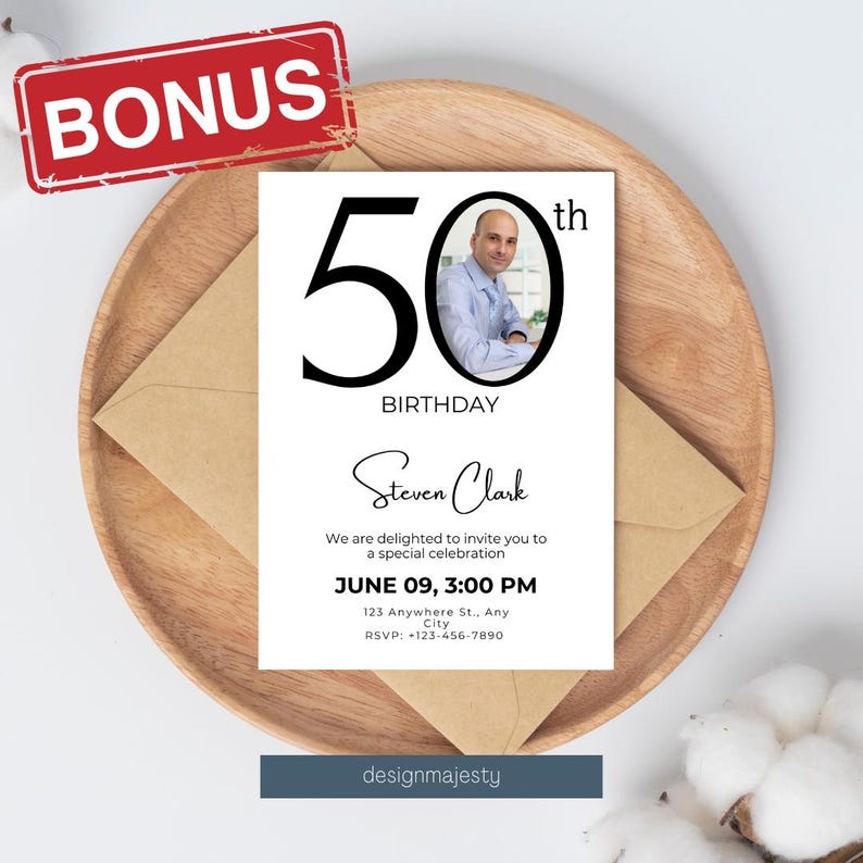 May include: A white birthday invitation with a black and white photo of a man. The invitation says "50th Birthday" and "Steven Clark". The invitation also includes the date and time of the event, the address, and the RSVP information.