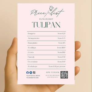 Puede incluir: Una lista de precios rosa para una florister&iacute;a llamada "Tulipan". La lista incluye precios para ramos, arreglos, plantas de interior, bodas, eventos, funerales, decoraciones y talleres. Las redes sociales y el sitio web de la tienda se enumeran en la parte inferior.