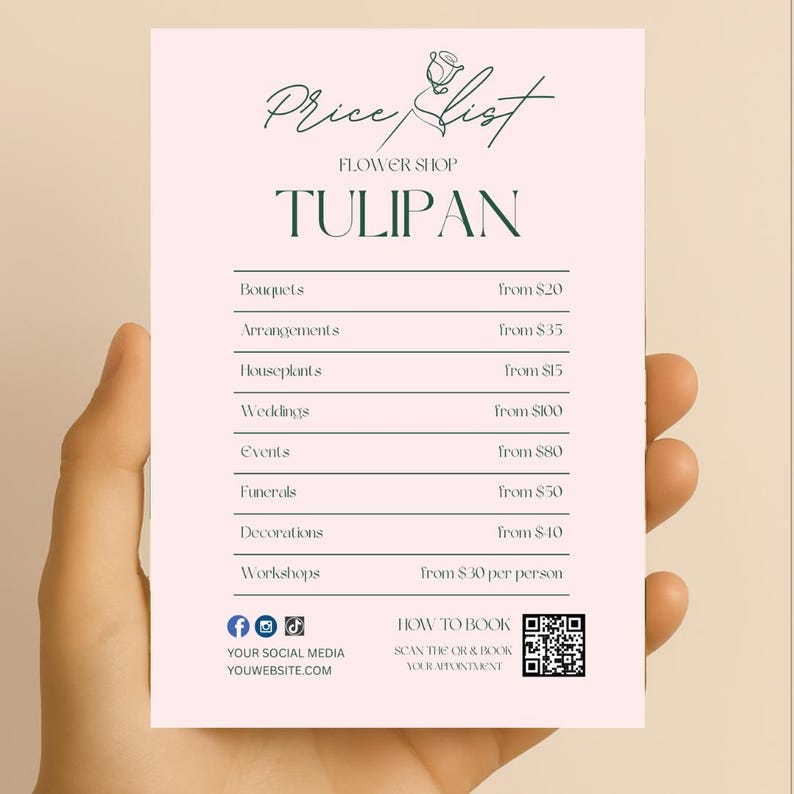 Puede incluir: Una lista de precios rosa para una florister&iacute;a llamada "Tulipan". La lista incluye precios para ramos, arreglos, plantas de interior, bodas, eventos, funerales, decoraciones y talleres. Las redes sociales y el sitio web de la tienda se enumeran en la parte inferior.