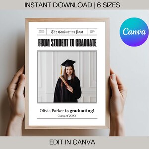 Peut inclure: Un mod&egrave;le d'annonce de dipl&ocirc;m&eacute; imprimable avec un design de journal et le titre "De l'&eacute;tudiant au dipl&ocirc;m&eacute;". Le mod&egrave;le comprend un espace r&eacute;serv&eacute; pour une photo, un espace pour le nom du dipl&ocirc;m&eacute; et l'ann&eacute;e de la remise des dipl&ocirc;mes. Le texte "The Graduation Post" est en haut du mod&egrave;le.