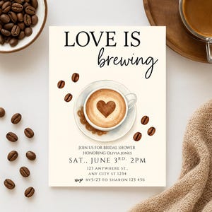 Editable coffee-themed bridal shower invitation featuring latte art with heart foam, surrounded by coffee beans. Includes date, location, and RSVP. Printable Canva template.