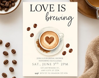 Uitnodiging koffie vrijgezellenfeest: Love Is Brewing, bewerkbare sjabloon (digitale download)