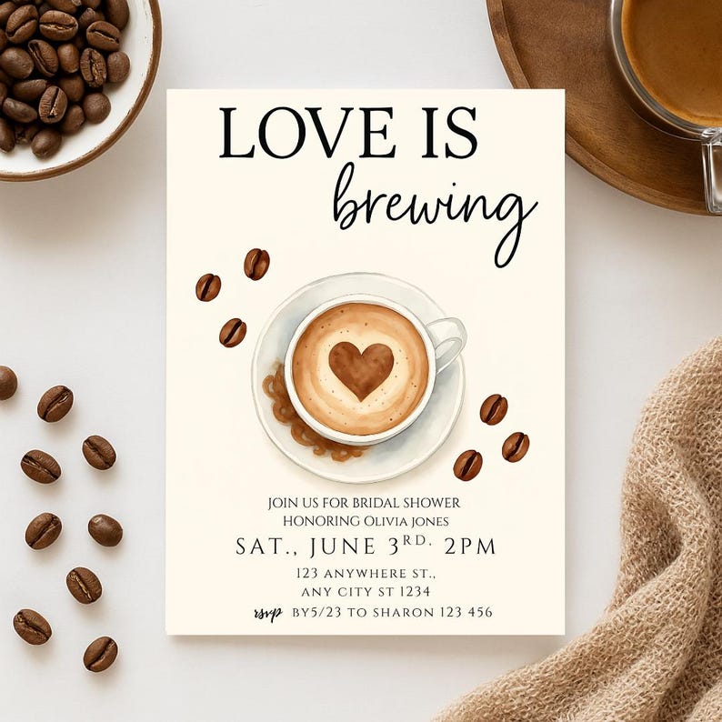 Editable coffee-themed bridal shower invitation featuring latte art with heart foam, surrounded by coffee beans. Includes date, location, and RSVP. Printable Canva template.