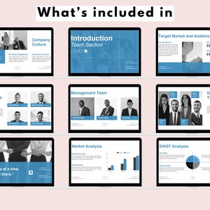 May include: A presentation template with 10 slides showcasing a company's culture, team, market analysis, and SWOT analysis. The slides feature a blue and white color scheme with black and white photos of people.