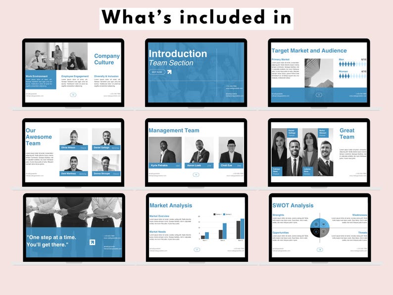 May include: A presentation template with 10 slides showcasing a company's culture, team, market analysis, and SWOT analysis. The slides feature a blue and white color scheme with black and white photos of people.