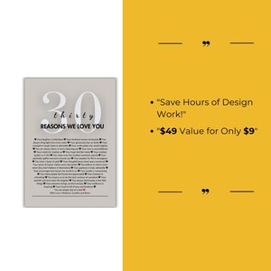 K&ouml;nnte beinhalten: Ein druckbarer digitaler Download eines Posters mit 30 Gr&uuml;nden, warum wir dich lieben. Das Poster ist grau mit schwarzem Text und einem roten Herzen. Der Text enth&auml;lt eine Liste von 30 Gr&uuml;nden, warum jemand geliebt wird. Das Poster ist f&uuml;r einen 30. Geburtstag oder ein Jubil&auml;um gedacht.