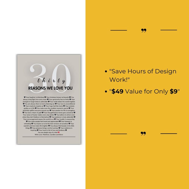 K&ouml;nnte beinhalten: Ein druckbarer digitaler Download eines Posters mit 30 Gr&uuml;nden, warum wir dich lieben. Das Poster ist grau mit schwarzem Text und einem roten Herzen. Der Text enth&auml;lt eine Liste von 30 Gr&uuml;nden, warum jemand geliebt wird. Das Poster ist f&uuml;r einen 30. Geburtstag oder ein Jubil&auml;um gedacht.