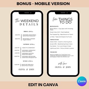 K&ouml;nnte beinhalten: Eine mobile Hochzeitsreise-Vorlage in Schwarz und Wei&szlig;. Die Vorlage enth&auml;lt einen Zeitplan der Veranstaltungen, Restaurantempfehlungen und Aktivit&auml;ten. Der Text enth&auml;lt die Namen Olivia & John.