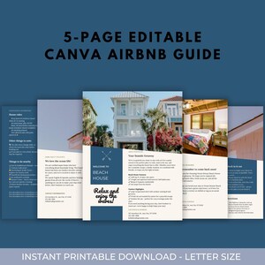 May include: A five-page guide for Airbnb hosts, designed to be edited in Canva. The guide features a beach house with the text "Welcome to Beach House Relax and enjoy the waves!" and includes sections for house rules, things to do nearby, and other helpful information for guests.