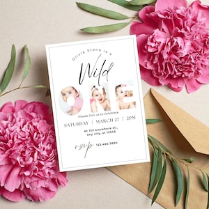 May include: A white invitation card with the text "Olivia Stone is a Wild One" and three baby photos. The card includes event details: Saturday, March 27, 2 PM, and an RSVP number. Pink peonies and a brown envelope are in the background.