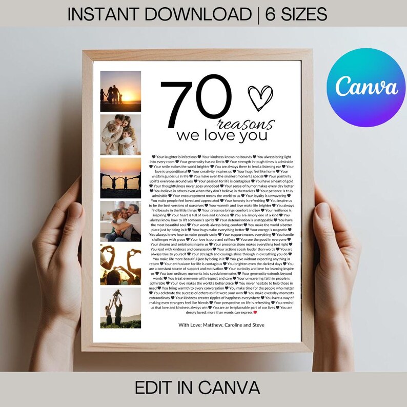 Pode incluir: Impress&atilde;o emoldurada com o texto "70 raz&otilde;es pelas quais te amamos" e um s&iacute;mbolo de cora&ccedil;&atilde;o. A impress&atilde;o inclui fotos de fam&iacute;lia e uma lista de raz&otilde;es. As palavras "Download instant&acirc;neo" e "Editar no Canva" tamb&eacute;m s&atilde;o vis&iacute;veis.