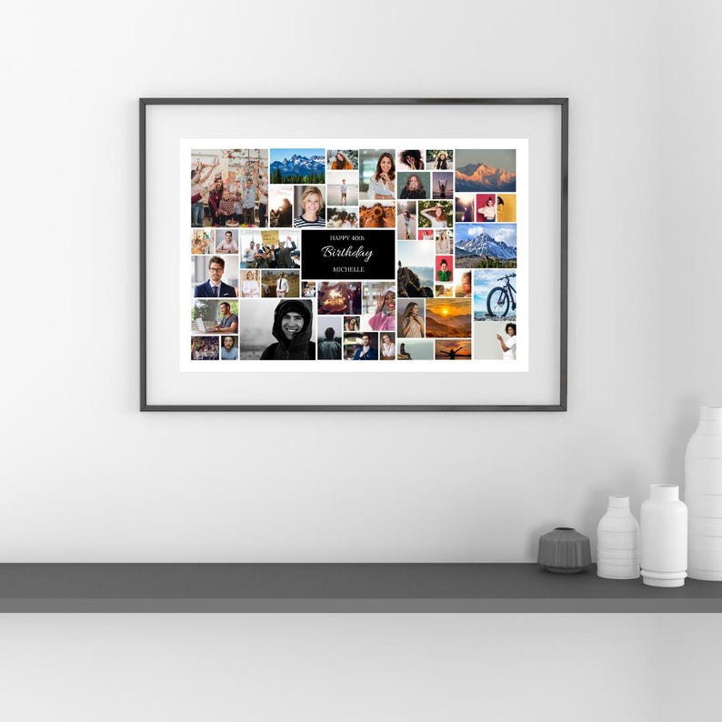 May include: A black framed photo collage with a variety of images, including people, landscapes, and cityscapes. The text "Happy 30th Birthday Michelle" is printed in white on a black background in the center of the collage.