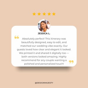 May include: A customer review graphic with a photo of a woman, Jessica L., and a quote about a wedding itinerary. The quote is in a white speech bubble with a beige background and gold stars.