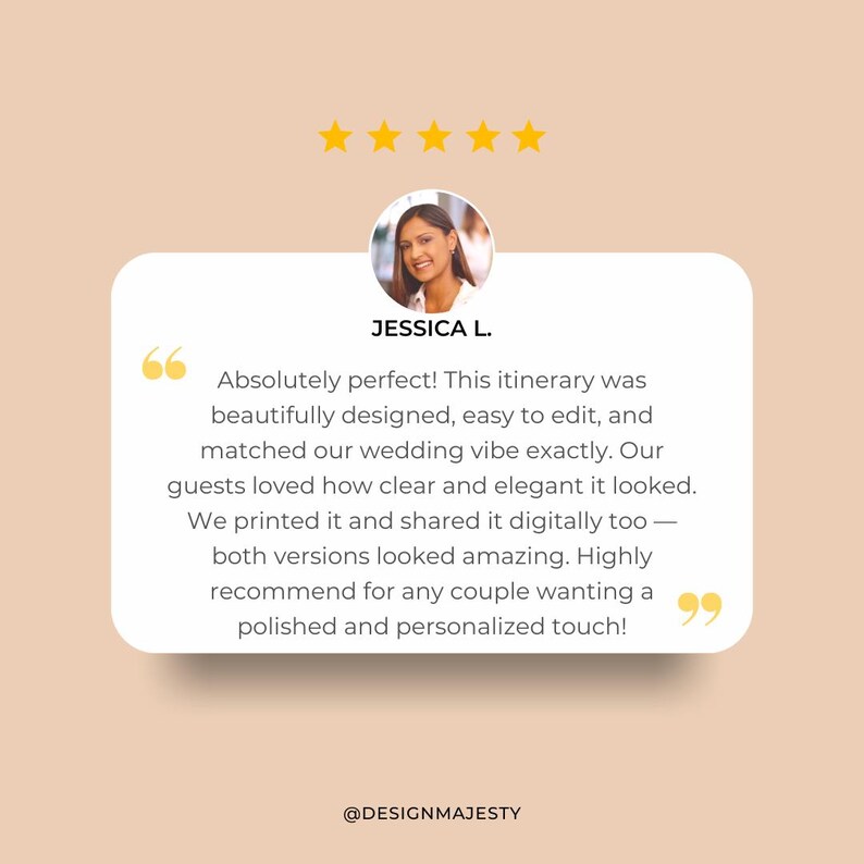 May include: A customer review graphic with a photo of a woman, Jessica L., and a quote about a wedding itinerary. The quote is in a white speech bubble with a beige background and gold stars.