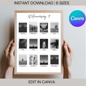 May include: A printable 1st anniversary calendar with 12 black and white photos of a couple in different poses. The calendar is titled "1st Anniversary" and has the months of the year listed below each photo.