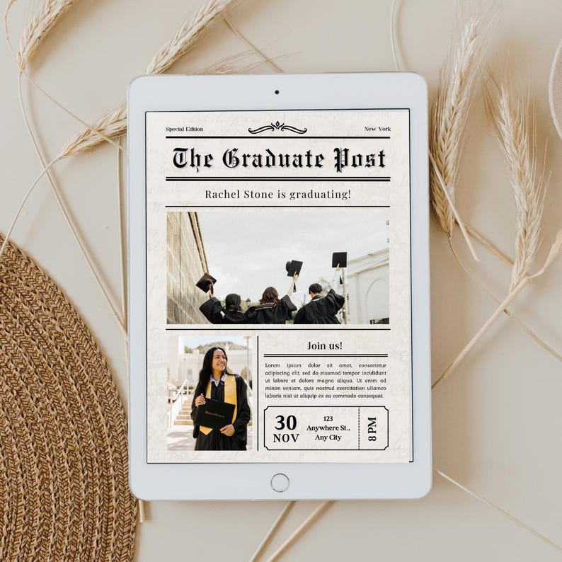 May include: A graduation party invitation in the style of a newspaper. The headline reads "The Graduate Post" and the subheading says "Rachel Stone is graduating!" The invitation includes a photo of a group of graduates in caps and gowns, a photo of a graduate holding a diploma, and details about the party, including the date, time, and location.