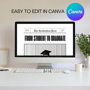 Peut inclure: Un &eacute;cran d'ordinateur affichant un mod&egrave;le de journal sur le th&egrave;me de la remise de dipl&ocirc;mes avec le texte "The Graduation Post" et "From Student to Graduate". Le mod&egrave;le est con&ccedil;u pour &ecirc;tre &eacute;dit&eacute; dans Canva.